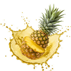Fresh pineapple, floating and slightly cut, with a splash of refreshing juice. Isolated on white or transparent background. PNG format.