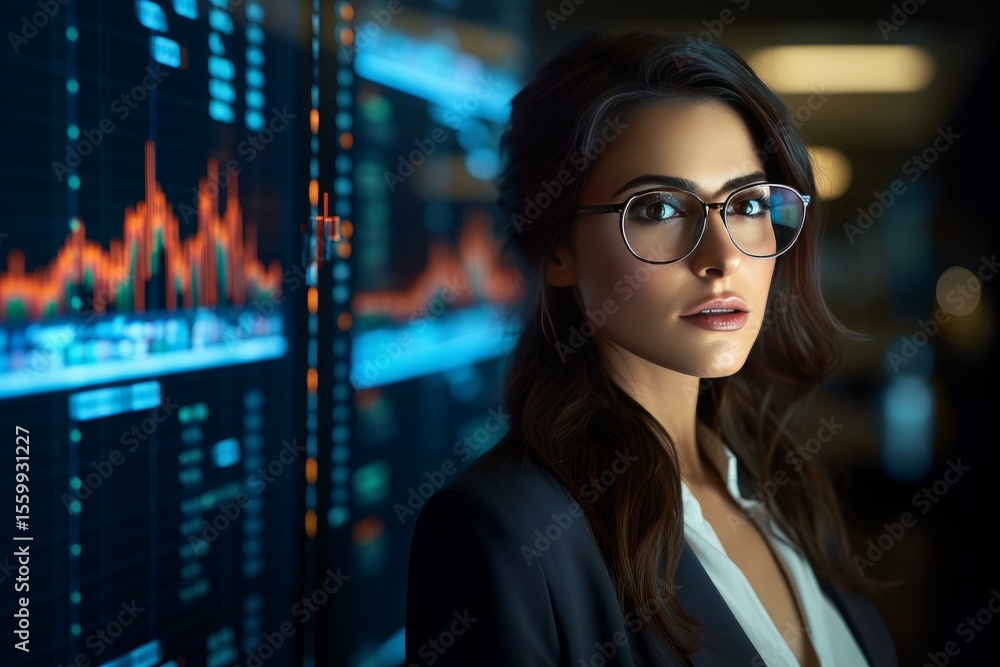Poster businesswoman wearing eyeglasses analyzing and monitoring real time data on multiple computer screen