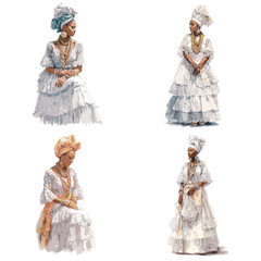 Elegant Afro women in traditional white ceremonial dresses with headwraps and jewelry, captured in delicate hand-painted watercolor style.

