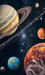 Stylized solar system with colorful planets and cosmic orbits. Whimsical celestial art