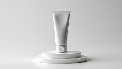 Glossy white tube on clean white pedestal. Minimalist skincare product shot