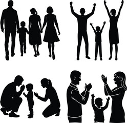 Vector art of a set of black family silhouettes isolated on white background, depicting various heartwarming moments of family life, expressing love, joy, and togetherness
