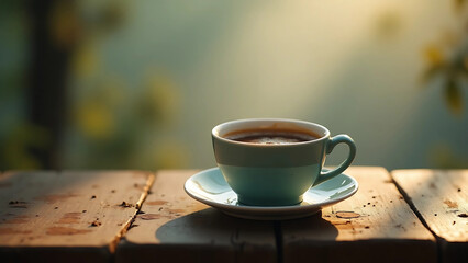 Cup of Espresso on Wooden Slab with Natural Morning Light