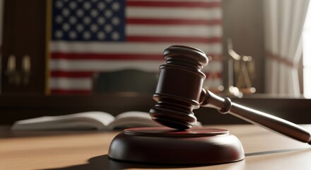 American law and precedent concept. A wooden gavel rests on a desk in a courtroom, with a blurred US flag and an open law book in the background.