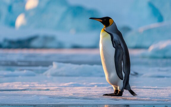 Majestic King Penguin Standing Tall on Frozen Antarctic Landscape at Sunset