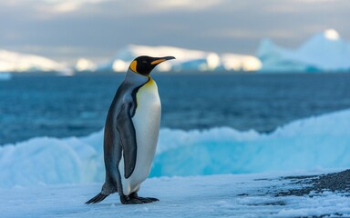 Fototapeta premium Majestic King Penguin Stands Proudly on Snowy Antarctic Landscape, Looking Away