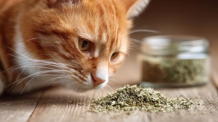 Cat Nip. Orange Cat Sniffing Dried Catnip with Green Container Spilling Treat