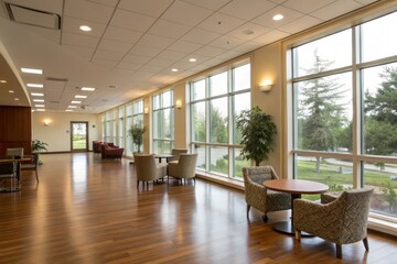 Modern lobby with hardwood floors and large windows