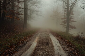 Fototapeta premium Gravel road disappearing into thick fog on a cold autumn day