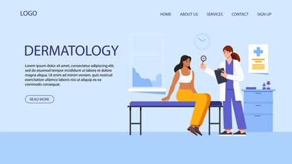 Dermatology Web Banner or Landing Page. Scene with Dermatologist Doctor with Magnifying Glass Diagnosing Skin Problem in Patient. Flat Vector Illustration.