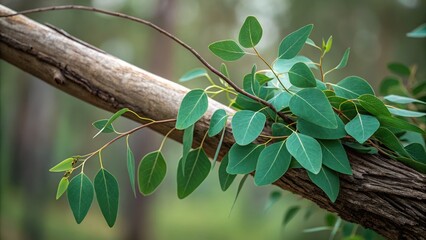 Lush green eucalyptus leaves on weathered branch