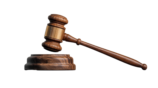 Wooden Gavel on Stand Symbolizing Justice and Legal Authority in Courtroom Setting