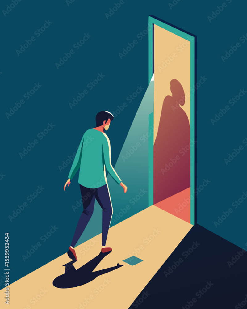 Poster a person walking towards a mirror but their reflection is blocked by an invisible wall.. vector illu