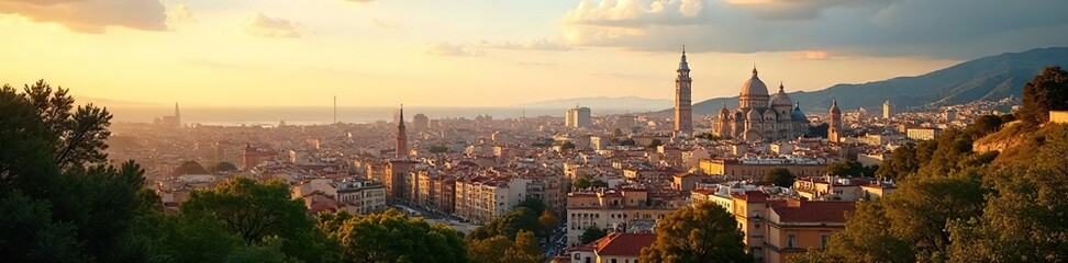 Fototapeta premium Serene Barcelona Cityscape Sunlight Illuminates Iconic Architecture, Offering Tranquility Amidst Bustling City Life. Ideal for travel, city, and calm themes.