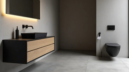 Modern Minimalist Bathroom Set with Matte Black and Wooden Accessories on Gray Stone Slab