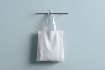 Canvas tote bag mockup hanging on hook, minimal eco-friendly design for branding and product presentation.