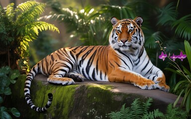 Obraz premium Majestic Tiger Resting on Mossy Rock in Lush Jungle