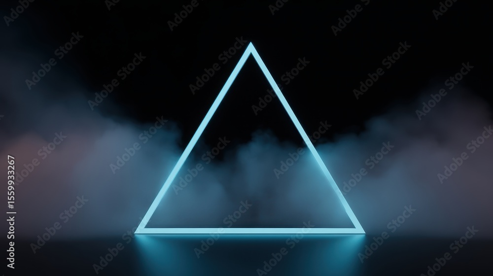 Poster illuminated triangular shape in dark setting surrounded by glowing fog, creating a mystical atmosphe