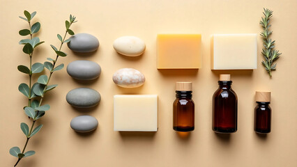 Symmetrical Layout of Natural Stones, Soap Bars, and Spa Items on Sand-Colored Background
