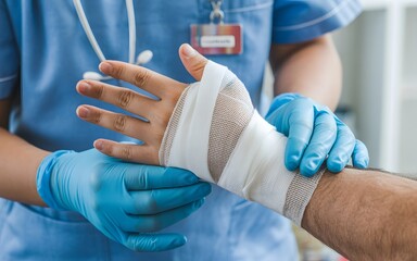 A medical professional bandages a patient's injured wrist in a hospital setting offering support and aid
