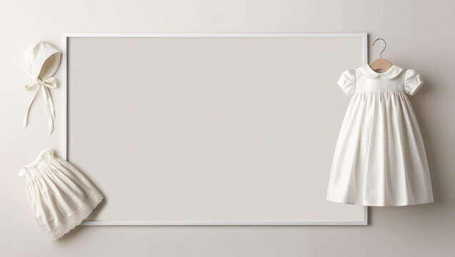 Elegant Christening Gown and Bonnet Displayed with a Frame for Text or Design