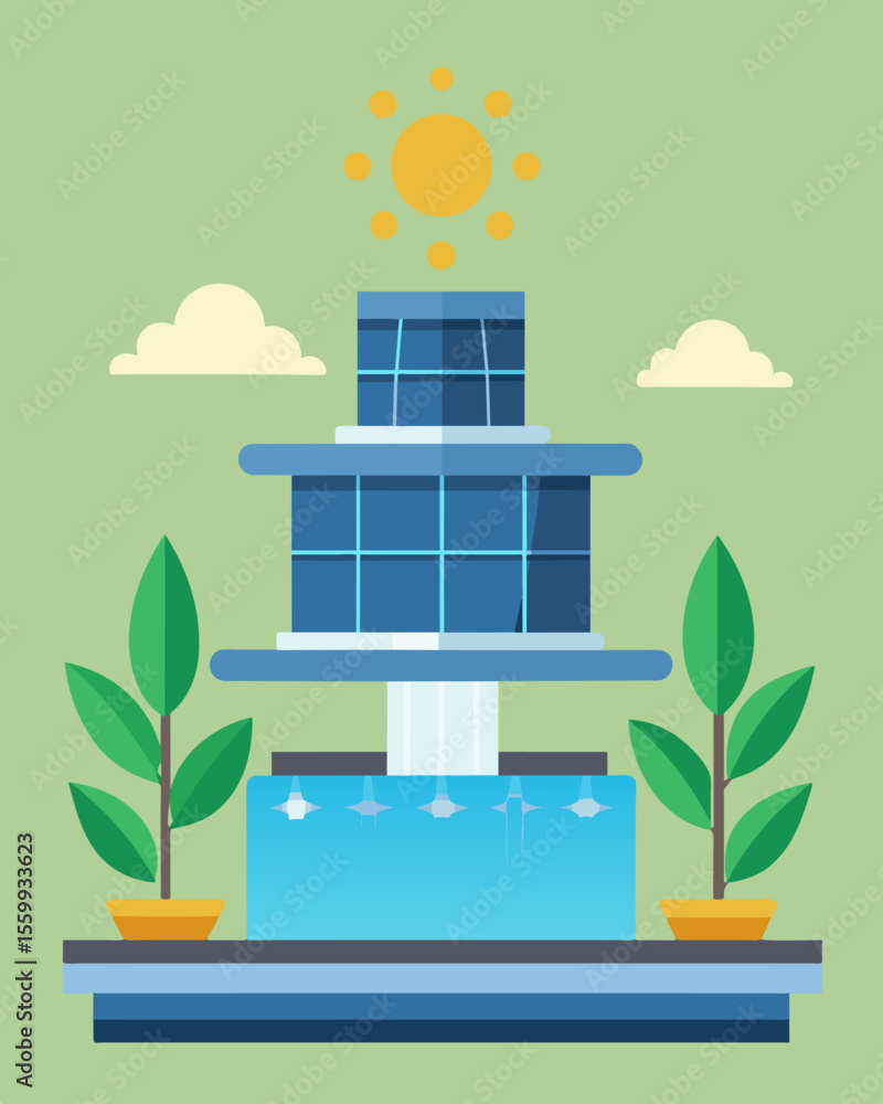 Poster a series of cascading fountains powered by the solar panels integrated into their design creating a 