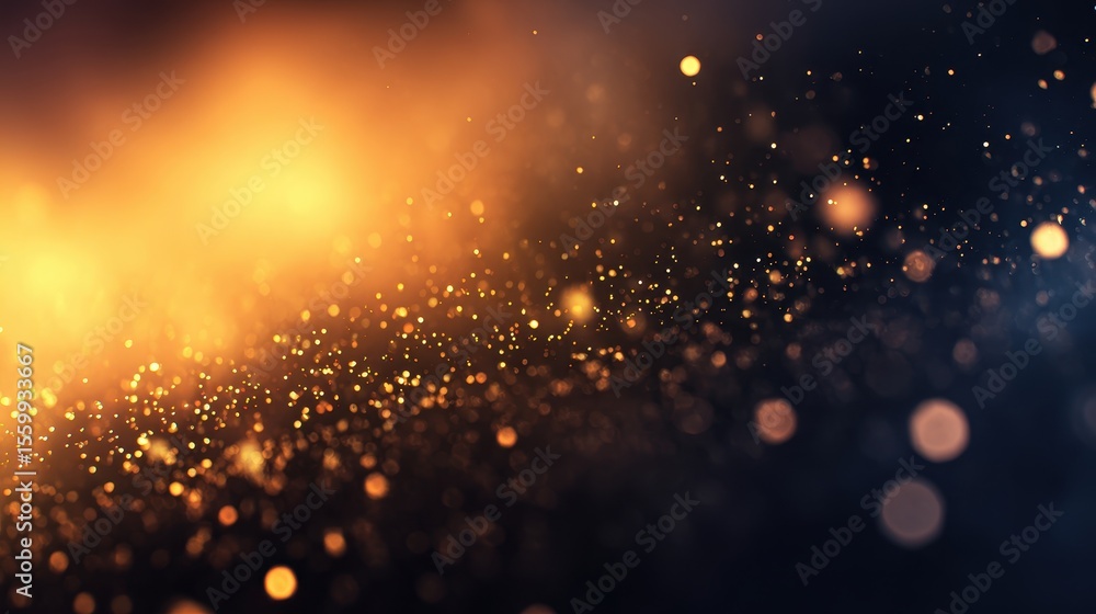 Poster abstract close-up of shimmering golden particles floating in a dark background with bokeh effect