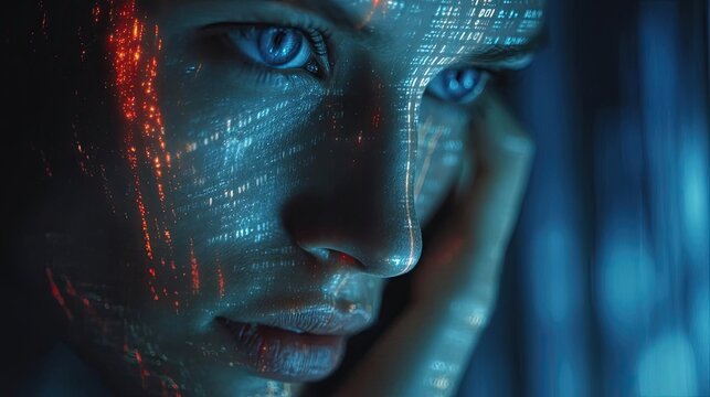 Night sensitivity concept. A thoughtful person illuminated by digital data projections.