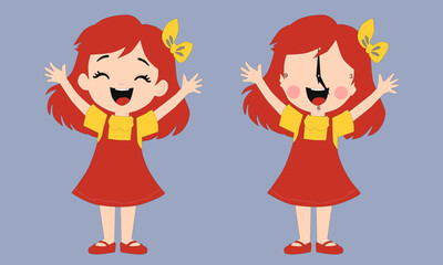 two girl characters in red with cheerful smiles.