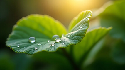 Macro Shot of Green Leaf with Dew Drops in Natural Light – Serene and Fresh