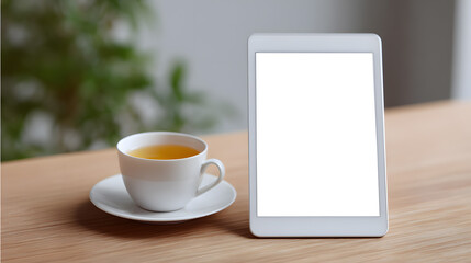 E-reader with cup of tea, cozy scene. Flat lay of digital e-reader with blank screen next to cup of tea and knitted scarf, symbolizing peaceful reading time.