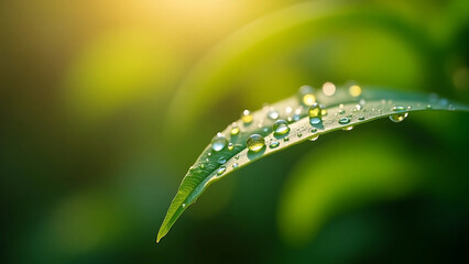Macro Shot of Green Leaf with Dew Drops in Natural Light – Serene and Fresh
