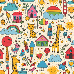 Colorful Hand-Drawn Cartoon Pattern with Animals, Houses, and Nature Elements on Cream Background