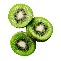 Kiwi Fruit Slices: Three vibrant green kiwi fruit slices, revealing their juicy, sweet flesh and tiny black seeds, are artfully arranged.