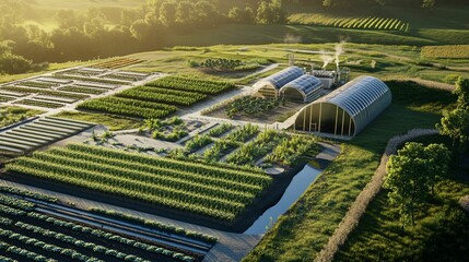 Aerial view of sustainable agriculture with greenhouses and crops at sunset
