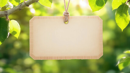 Eco Brown Paper Label with Twine - Floating Over Green Leaf Bokeh Background