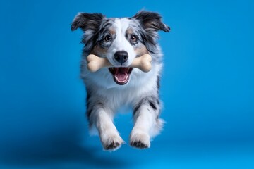 Fototapeta premium Energetic Australian Shepherd jumping with bone in mouth on blue background