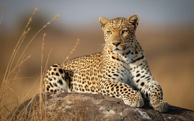 Naklejka premium Majestic Leopard Resting on a Rock, Gazing Directly at the Viewer