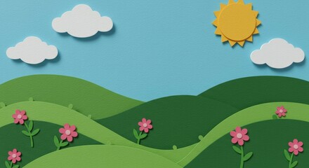 Paper Cut Landscape with Flowers Hills Sun and Clouds