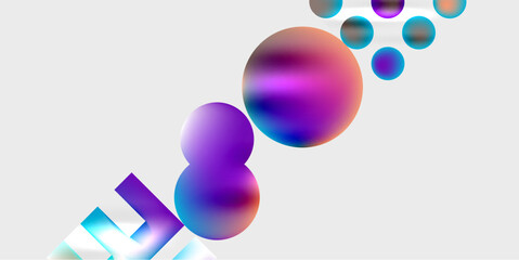 Abstract composition featuring vibrant spheres, gradients, geometric shapes. Modern design, dynamic flow, minimalist aesthetic.