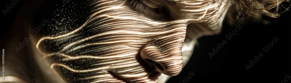 Poster self reset concept. a contemplative portrait with flowing light patterns on skin.