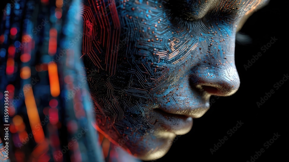Poster self reset concept. a futuristic close-up of a cyborg face with intricate circuitry patterns.