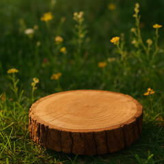 AI-generated image - Wooden tree slice pedestal placed on grass with wildflowers, ideal for eco-friendly product display, nature-themed design, or organic background concept.