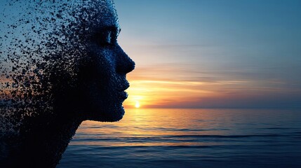 Self reset concept. A silhouette of a person dissolving into particles at sunset.