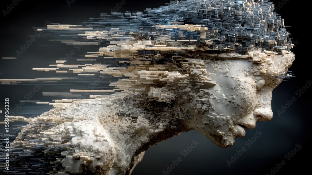 Aufkleber human figure transforms into static as digital thoughts overwhelm mind, depicting cognitive collapse