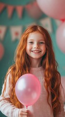 Naklejka premium Cute Redhead Girl with Pink Balloons