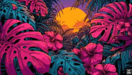 Vibrant tropical foliage with sunset view