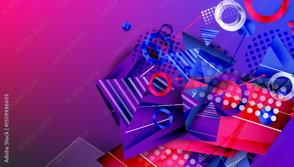 Poster abstract geometric composition. vibrant purple, blue, red hues dominate. shapes overlap, creating dy