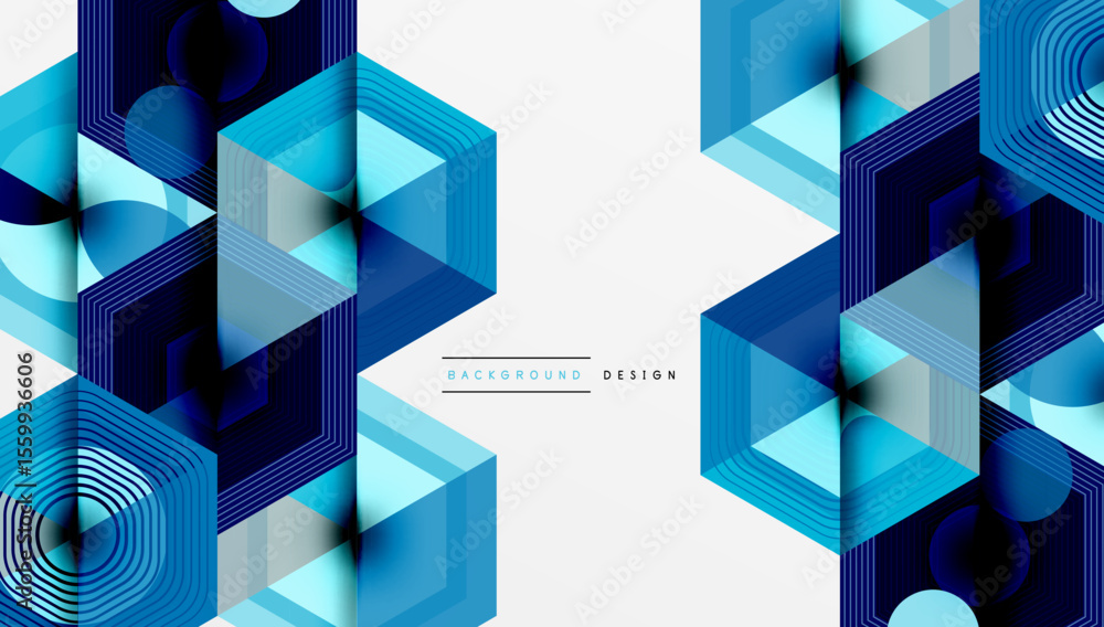 Poster abstract geometric design. blue shades create layered cube illusion. minimalist style, modern aesthe