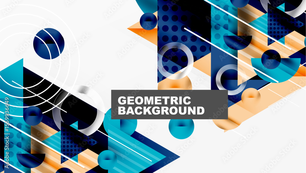 Leinwandbilder abstract geometric composition. blue, orange hues dominate. circles, triangles, squares create dynam